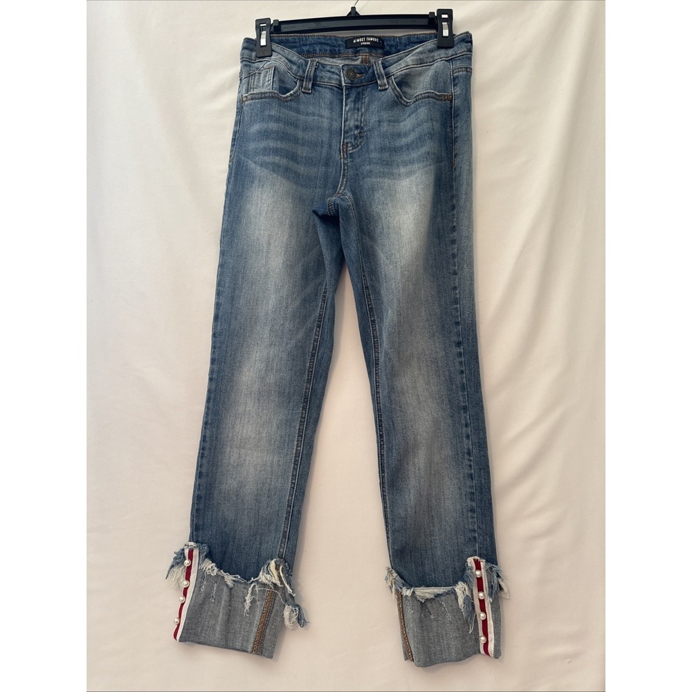 Almost Famous Jeans Juniors Distressed, Blue Jean, Stretch,  Cuffed Capri Size 5